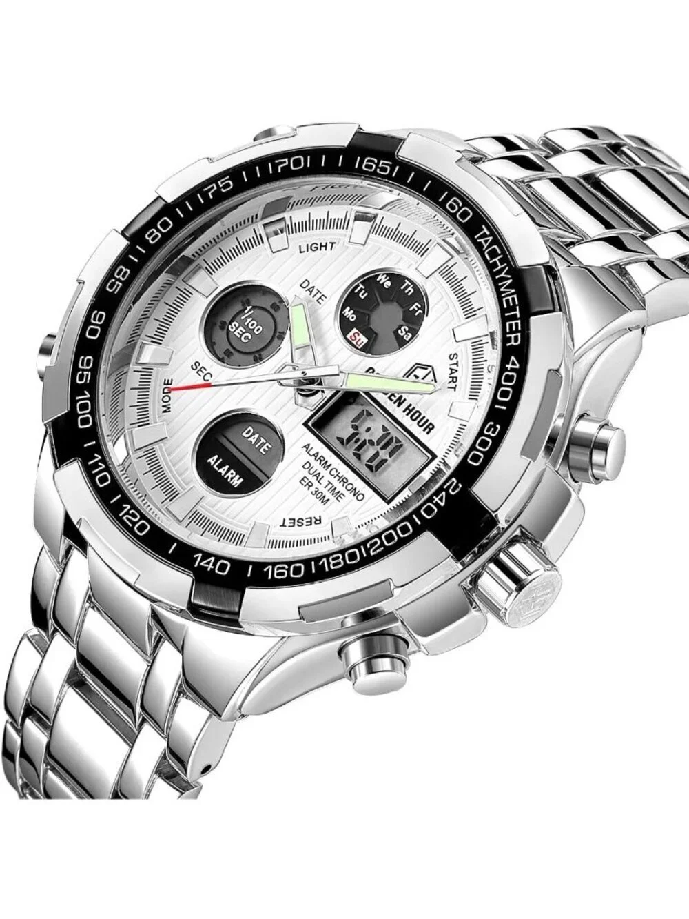 Mens Silver Stainless Steel Analog Digital Outdoor Sport Waterproof Luxury Watch